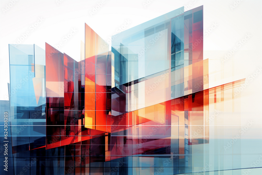 Poster multiple exposure of modern abstract glass architectural forms. generative ai