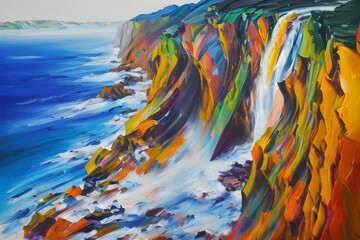 coastal cliff with a waterfall Generative AI