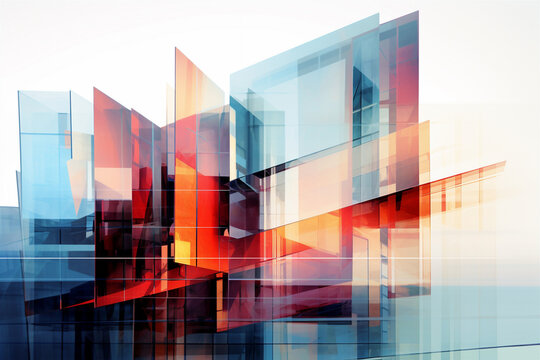Multiple exposure of modern abstract glass architectural forms. Generative AI
