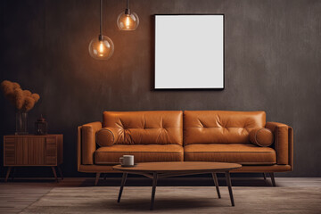  Interior living room with brown wall and leather sofa mockup
