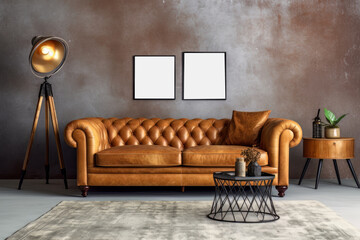 Interior living room with brown wall and leather sofa mockup. Generative AI 3