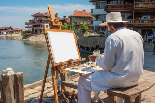 Artist paints mock-up in a seaside resort village. Generative AI