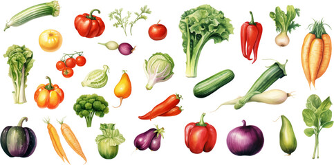 Fototapeta premium Set of watercolor mixed vegetables Easy to draw, white background