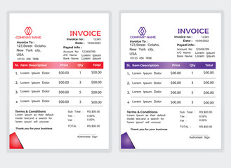 Business Minimal Corporate Invoice design template vector illustration bill form price . Creative template and stationery design payment agreement design template Cash Memo, Vector Quotation Design