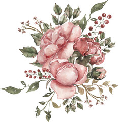 Watercolor pink flowers bouquet, floral illustration, Leaf and buds clipart. Botanic composition for wedding or greeting card. branch of flowers with greenery