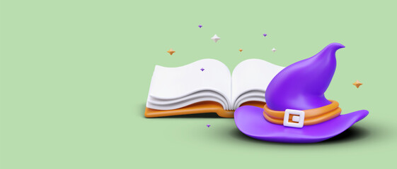 Realistic witch hat with buckle, open book, stars. Mysterious illustration on green background. Color themed poster for holiday, event, party. Advertising in cartoon style