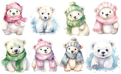 cute set of polar bear watercolor Sticker on isolated background, generated ai