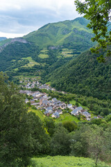 View from above of the municipality of Borce in the French Pyrenees and its beautiful mountains