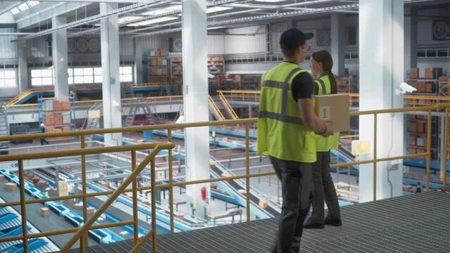 Caucasian Female Logistics Expert Using Laptop And Standing In Warehouse Facility With Automated Conveyor Belt. Male Sorting Center Employee Passing By With Cardboard Box With Products For Clients.