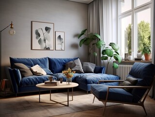 Dark blue sofa and recliner chair interior design of modern living room generative ai