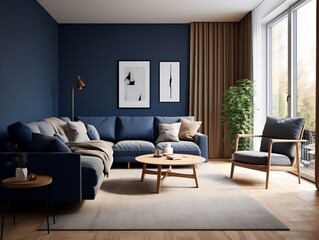 Fototapeta premium Dark blue sofa and recliner chair interior design of modern living room generative ai