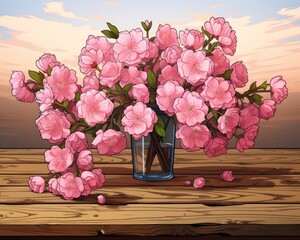 A wooden table adorned with a bunch of pink flowers. (Generative AI)