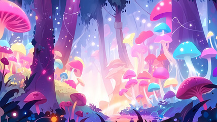 Hand drawn cartoon beautiful illustration of fairy mushroom forest
