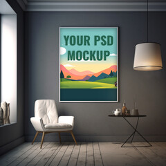 Mockup painting, in a contemporary design interior. Clean lines and a warm ambience.