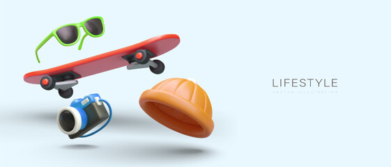 Youth lifestyle. Advertising template with floating realistic objects. Colored elements on blue background. Accessories for skateboarding. Place for text