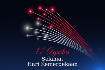 Fototapeta na wymiar 17 august, indonesia independence day, Indonesian fireworks flag on blue night sky background. Indonesia national holiday. Greeting card. Vector. Translation: August 17th Happy Independence Day