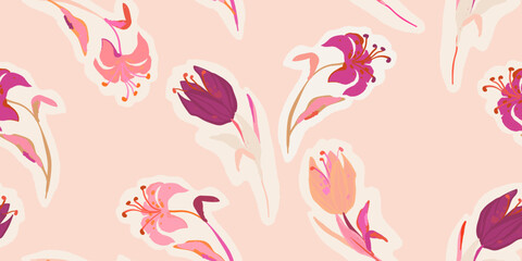 Artistic hand drawn flowers pattern. Romantic beautiful botanical print. Fashionable template for design. 