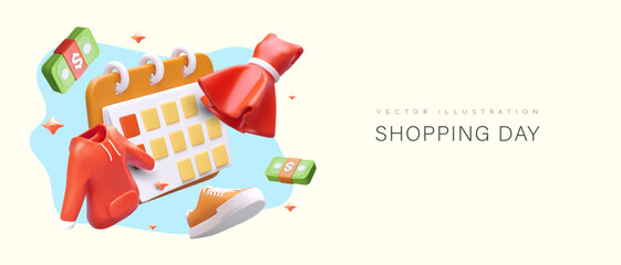 Shopping season. Advertising poster with 3D illustration. Colored floating elements. Reminders about sale day, promotions. Template with place for text