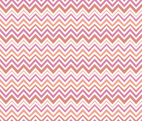 Geometric chevron seamless pattern, zigzag irregular line stripes, 70s hipster style design, triangle shape, pink lilac orange color palette. White background. Vector illustration