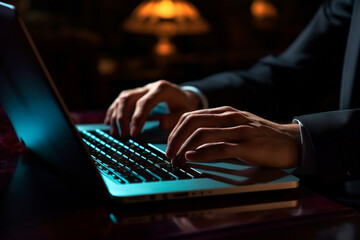 Online programmer hacking business laptop connection digital hand hacker internet dark attack technology