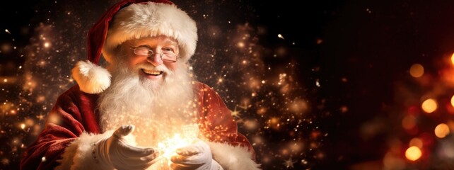 Photo of happy santa claus on defocused bokeh effect background with copy space. Christmas concept. - obrazy, fototapety, plakaty