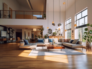 Spacious modern living room with wooden floor and panoramic windows
