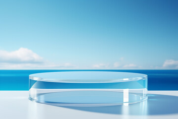 Transparent glass podium on crystal water surface in blue with white clouds sky background. Show case for cosmetic products, new product, promotion sale and presentation. Generative AI