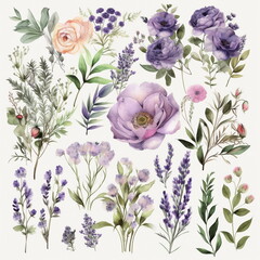 Blumen zum Dekorieren einer Hochzeitskarte mit Lilien und Orchideen in violette Farbton, Aquarell Stil,  3, AI generiert