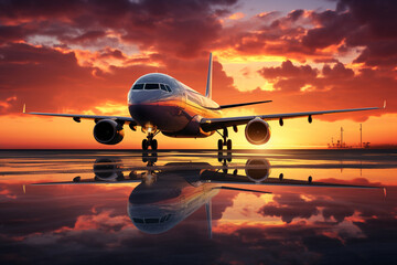 Fototapeta na wymiar A breathtaking silhouette of an aircraft against a stunning sunset sky, capturing the magic of air travel and the beauty of nature Generative AI