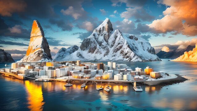 beautiful lce land with building light out - ai generated