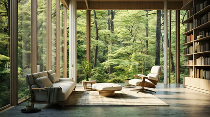 Fototapeta na wymiar Modern room in house surrounded with forest. Large windows, organic architecture. Generative AI