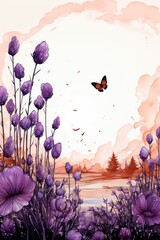 On the left side, a butterfly flies over flowers on a purple and white background. (Generative AI)