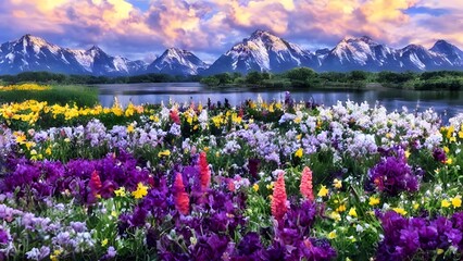beautiful flower in front of camera with nice river and mountain - ai generated
