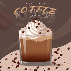 National Coffee Milkshake Day on july 26 with background abstract, coffee milkshake and some coffee beans vector. Enjoy a true coffee milkshake mixed with your favorite ice cream and flavors. 