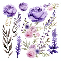 Blumen zum Dekorieren einer Hochzeitskarte mit Lilien und Orchideen in violette Farbton, Aquarell Stil, 6, AI generiert