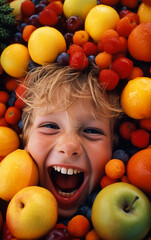 Fototapeta na wymiar The face of a happy and smiling child, surrounded and submerged by many mixed fruits