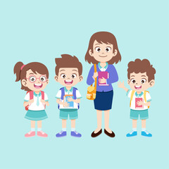 Vector happy cute kids smile with teacher together