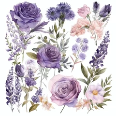 Behang Blumen zum Dekorieren einer Hochzeitskarte mit Lilien und Orchideen in violette Farbton, Aquarell Stil, 10, AI generiert © Stefan Freytag