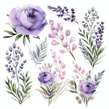 Blumen zum Dekorieren einer Hochzeitskarte mit Lilien und Orchideen in violette Farbton, Aquarell Stil, 12, AI generiert