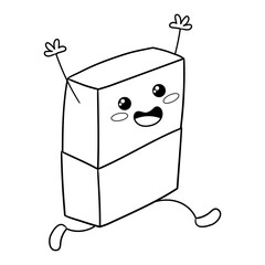 Illustration in black and white of a Kawaii style eraser, running with arms raised, coloring page, clipart

