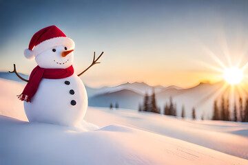 Fototapeta premium Winter holiday Christmas background banner - Closeup of the cute funny laughing snowman with a wool hat and scarf, on a snowy snow snowscape with bokeh lights, illuminated by the sun