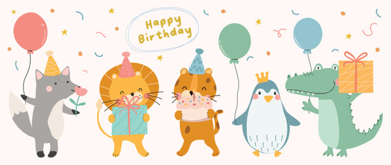 Happy birthday concept animal vector set. Collection of adorable wildlife, fox, penguin, tiger, lion. Birthday party funny animal character illustration for greeting card, invitation, kid, education. - obrazy, fototapety, plakaty