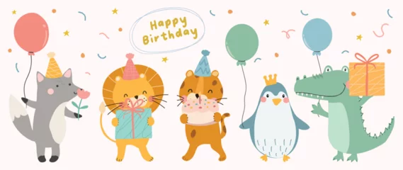 Foto op Plexiglas Happy birthday concept animal vector set. Collection of adorable wildlife, fox, penguin, tiger, lion. Birthday party funny animal character illustration for greeting card, invitation, kid, education. © TWINS DESIGN STUDIO