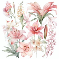 Blumen zum Dekorieren einer Hochzeitskarte mit Orchideen in rosa Farbt&ouml;nen, Aquarell Stil, 4, AI generiert