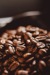 Macro photo fresh roasting coffee beans, brown light toning
