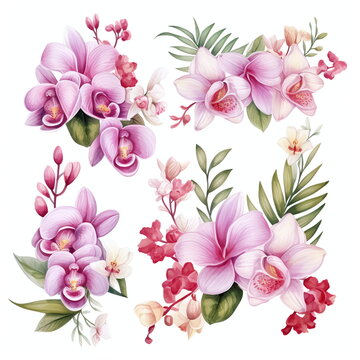 Blumen zum Dekorieren einer Hochzeitskarte mit orchideen und frangipani in verschiedenen Farbtönen, Aquarell Stil, 1, AI generiert