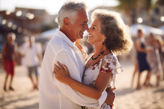 AI generated image of mature couple dancing on vacation