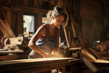 AI generated image of woman in wood shop - obrazy, fototapety, plakaty