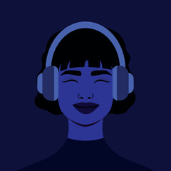 Beautiful smiling girl in headphones. Listen to a music. Avatar. Vector illustration