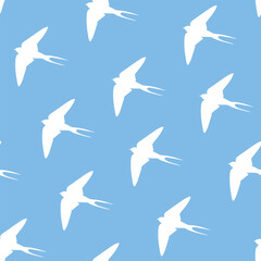 Martin bird silhouette seamless pattern. White swallows silhouette on blue sky ornament. Vector illustration